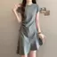 Mùa hè Phong cách mới Phong cách Hàn Quốc Bộ áo liền quần ngắn tay cổ tròn xếp li Slim-fit Slimmer Look Simple