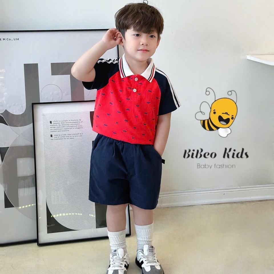 Bộ quần áo POLO TAY RAGLAN IN OTO ĐỎ CHO BÉ TRAI,  Bộ quần áo chất POLO thoải mái cho bé