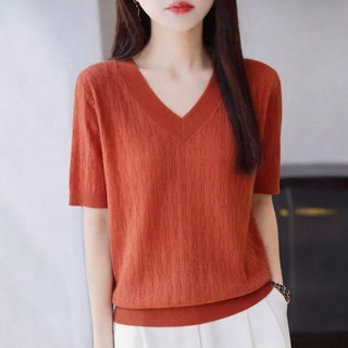 Dệt Kim Tay Ngắn Nữ Ice Silk Mùa Hè Áo Thun Cổ Chữ V Phong Cách Mới Rỗng Mỏng Top