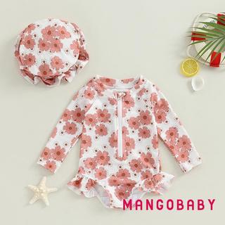 MG-Baby Bé Gái Đồ Bơi Tay Dài In Hoa Bikini Có Mũ Đồ Bơi Sơ Sinh Cho Tắm Mùa Hè