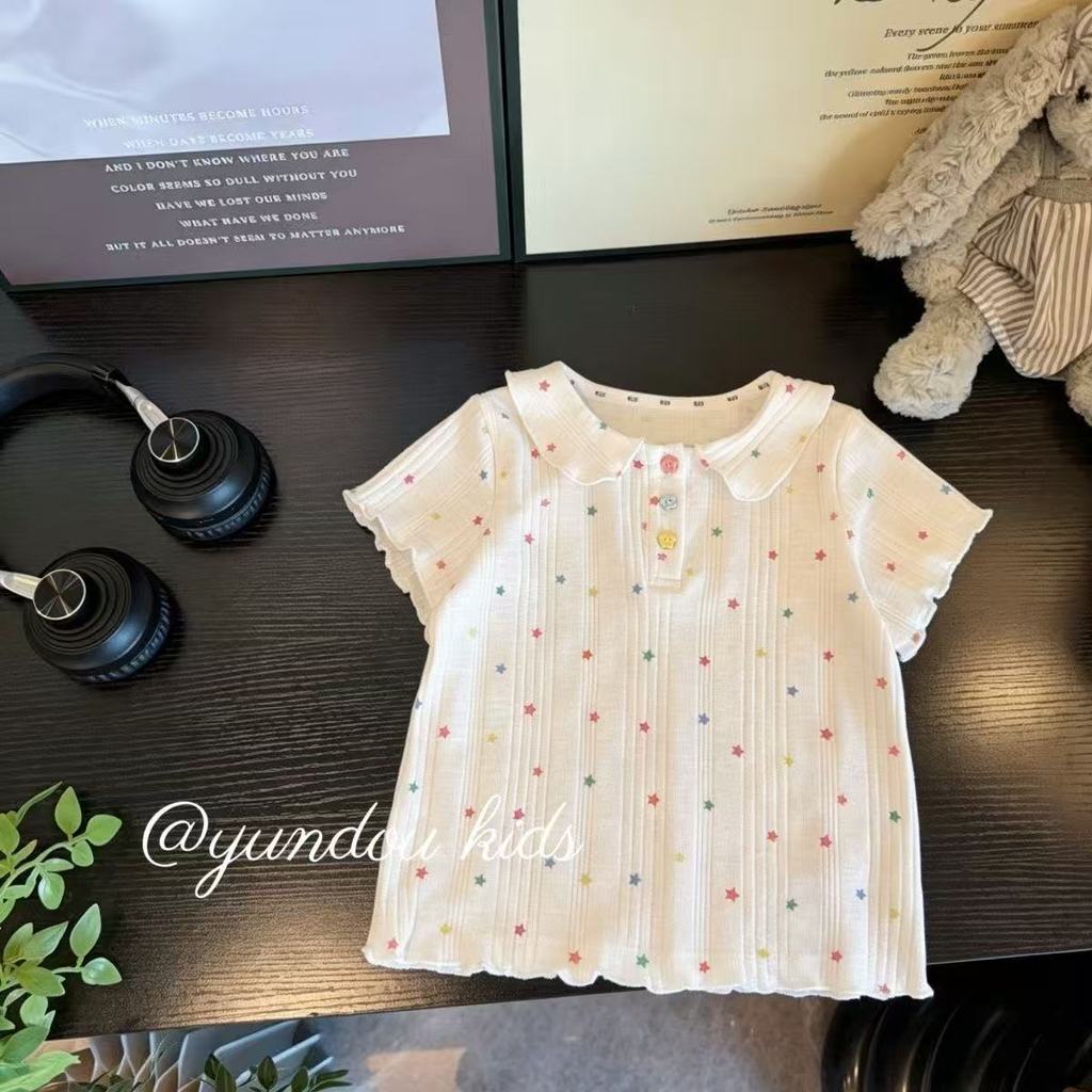Áo sơ mi Cotton thoáng khí cho bé gái Áo thun ngắn tay mỏng mùa hè 80-150 Size WOTL