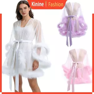 Lông Thú Giả Viền Dài Tay Áo Liền Quần Cho Nữ Sheer Lưới Đồ Lót Đầm Satins Sash Thắt Lưng Nhìn Xuyên Qua Nightgo