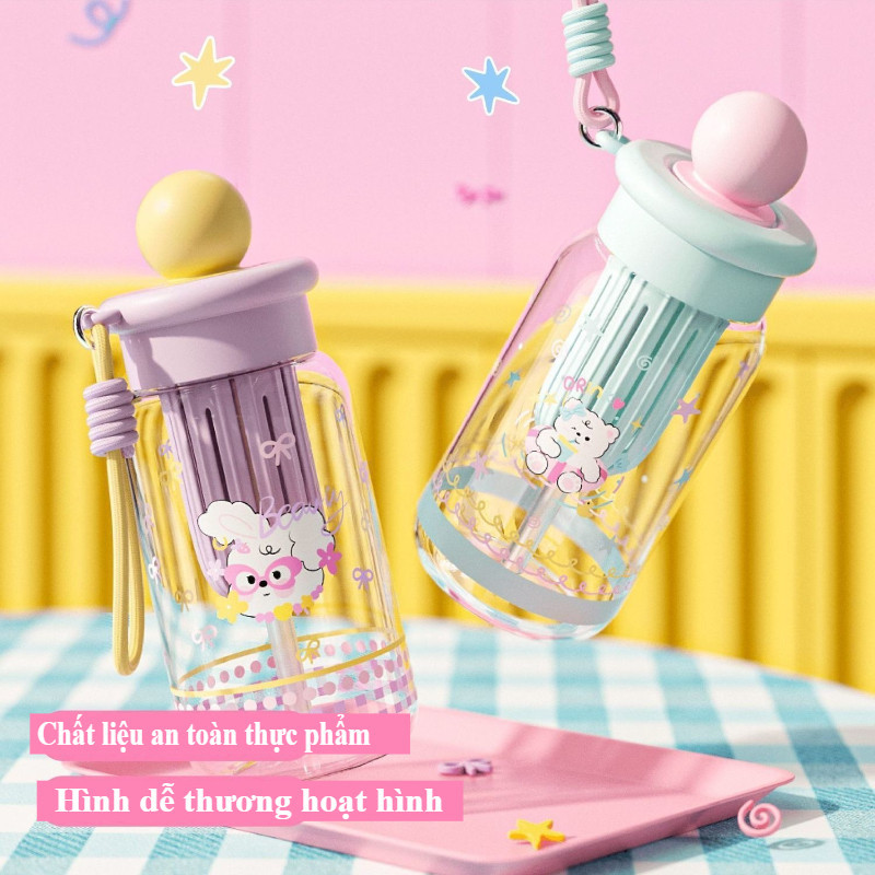 Cốc Nước Hoạt Hình Dễ Thương,500ML,Cốc ống Hút,Dây đeo di động,Kèm theo lọc trà,Chất Liệu An Toàn