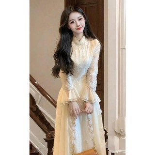 [Pre-Order]-Váy Sườn Xám Hình Bướm Ba Chiều mẫu mới  Mùa Thu Và Mùa Đông Mẫu Mới Màu Trắng Tiêu