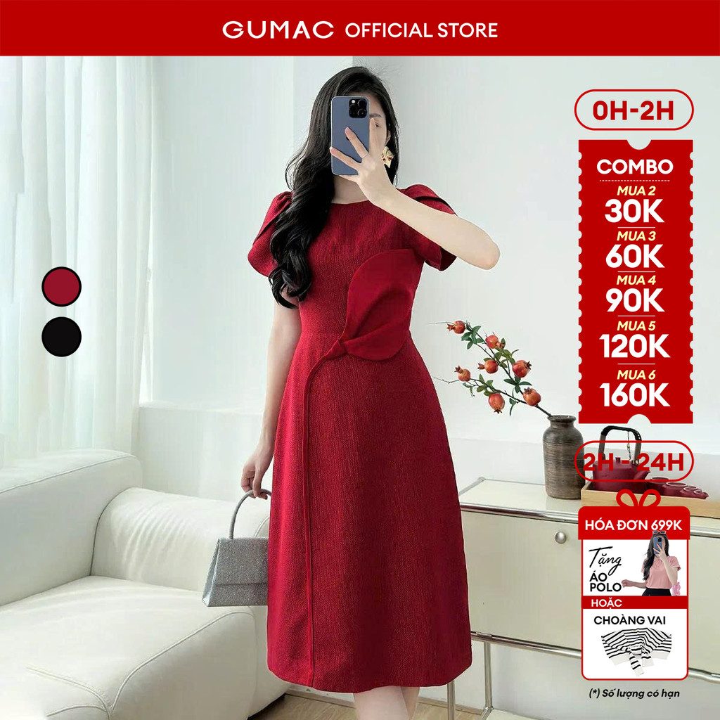 Đầm nữ GUMAC form A tay cánh hồng cổ thuyền  LDF1008