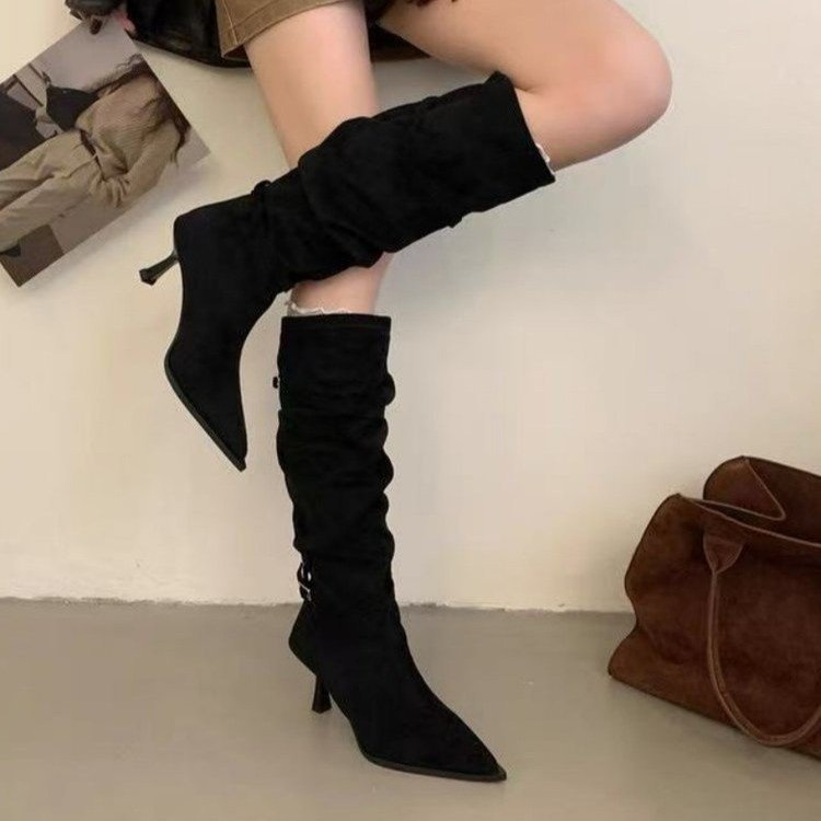 Thời Trang Mùa Đông Stiletto Gót Mũi Nhọn Giày Bốt Thời Trang Cao Cấp PU Niche Màu Trơn Nữ Chống Trơn Trượt Chống Mài Mòn Thường Ngày St