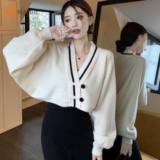 Cardigan len cổ màu sắc tương phản, thiết kế batwing tay, sang trọng mới