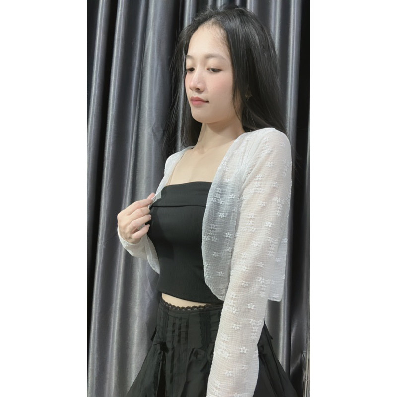 Áo khoác cardigan croptop dài tay nữ vải len lưới hoa xuyên thấu khoác áo kiểu đầm hở sang chảnh G649