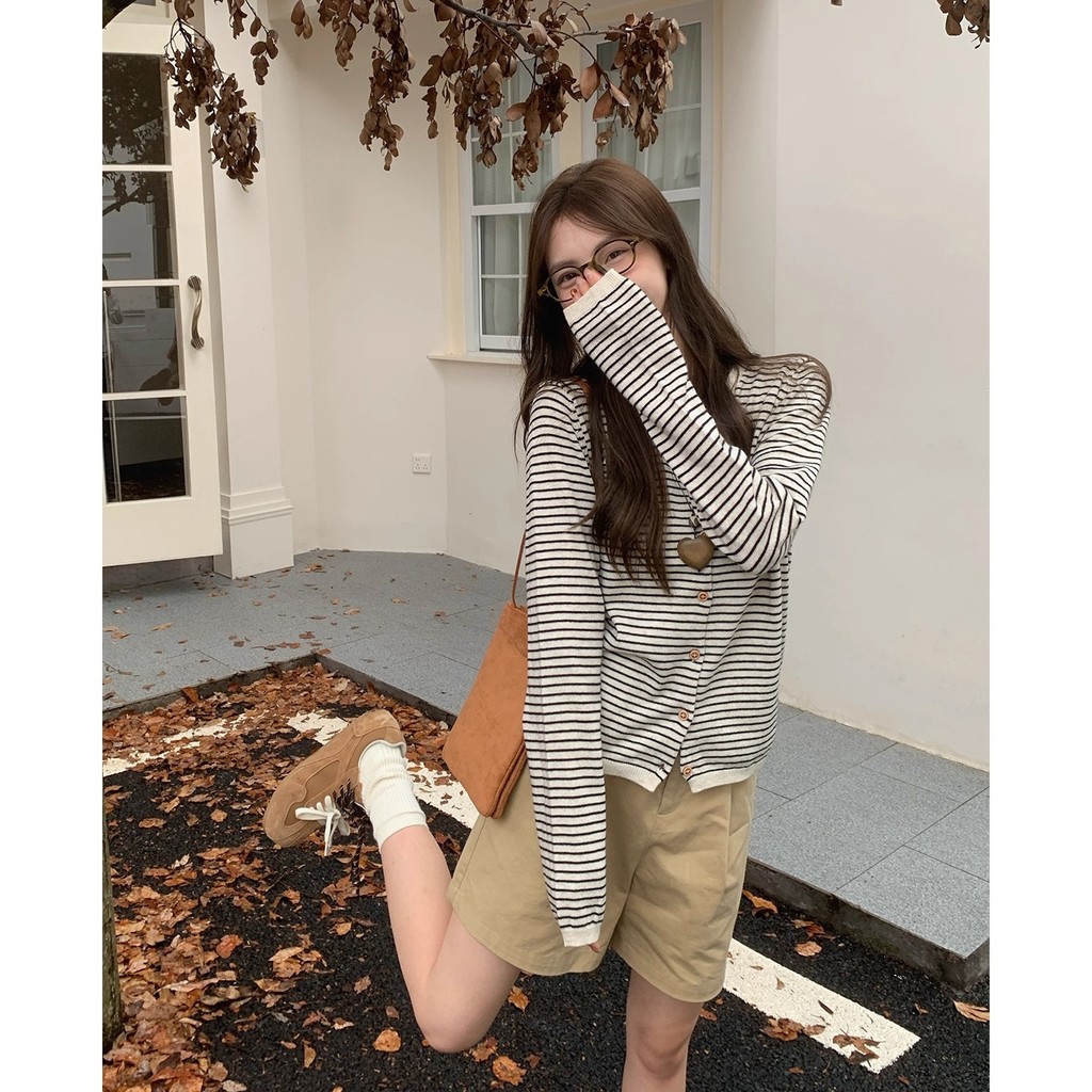 Thu Đông Màu Sắc Tương Phản Sọc Dệt Kim Dài Tay Cardigan Top Nữ Phong Cách Hàn Quốc Mùa Thu Mặc Áo Len Áo Khoác
