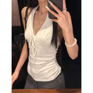 Phong cách Hồng Kông Hot Girl Cổ chữ V Dây đeo cổ chữ V Dây đeo Áo yếm nữ Mùa hè Phong cách mới Dây Slim-fit S
