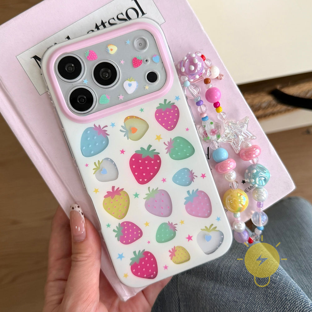 Phone Case For iPhone 17 Pro Max 16 15 TPU Keychain Chain Colorful Strawberry Aesthetic Korean Cute