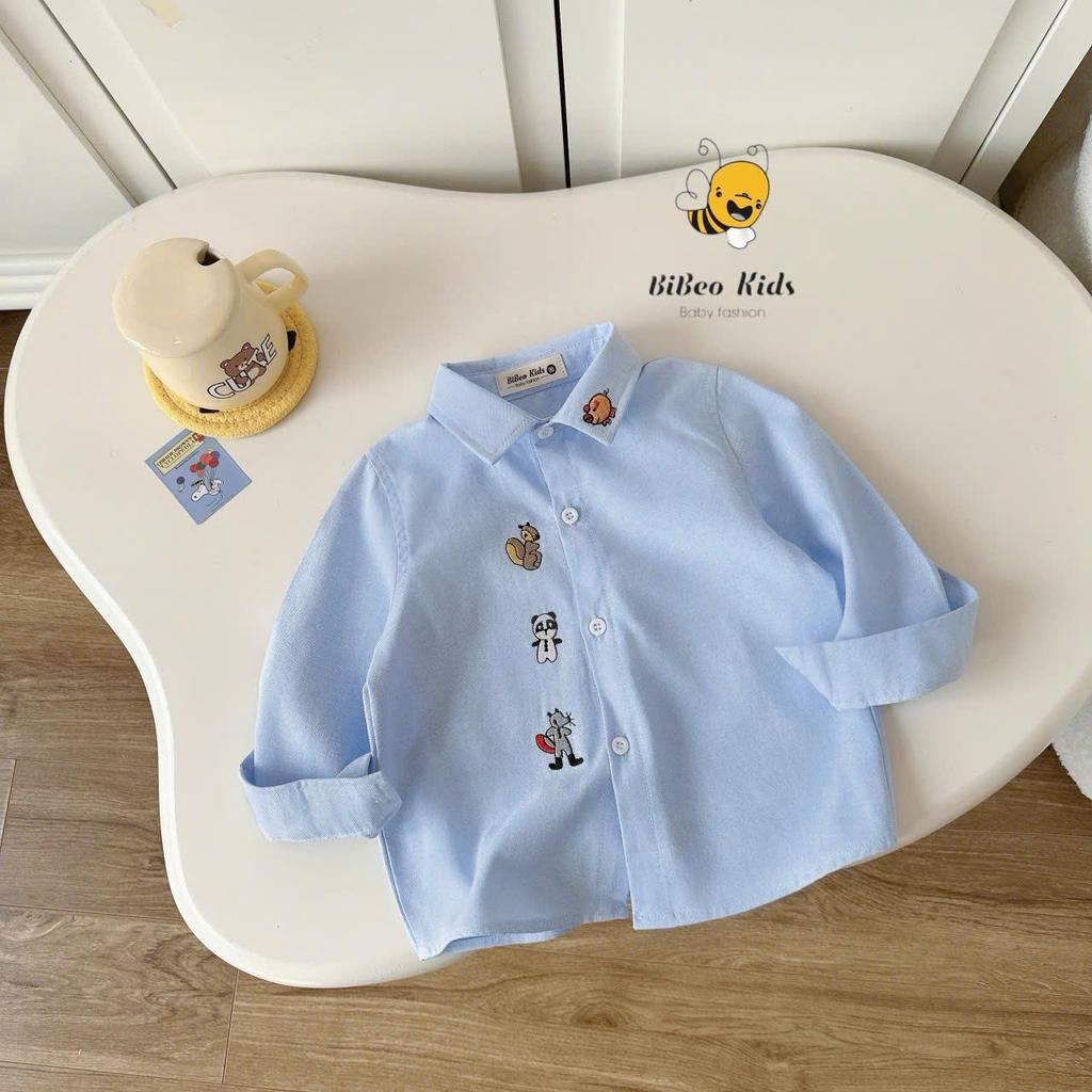 [BiBeo Kids] ÁO SƠ MI XANH THÊU HÌNH NGỘ NGHĨNH  cho bé trai, Áo sơmi dài tay cho bé trai