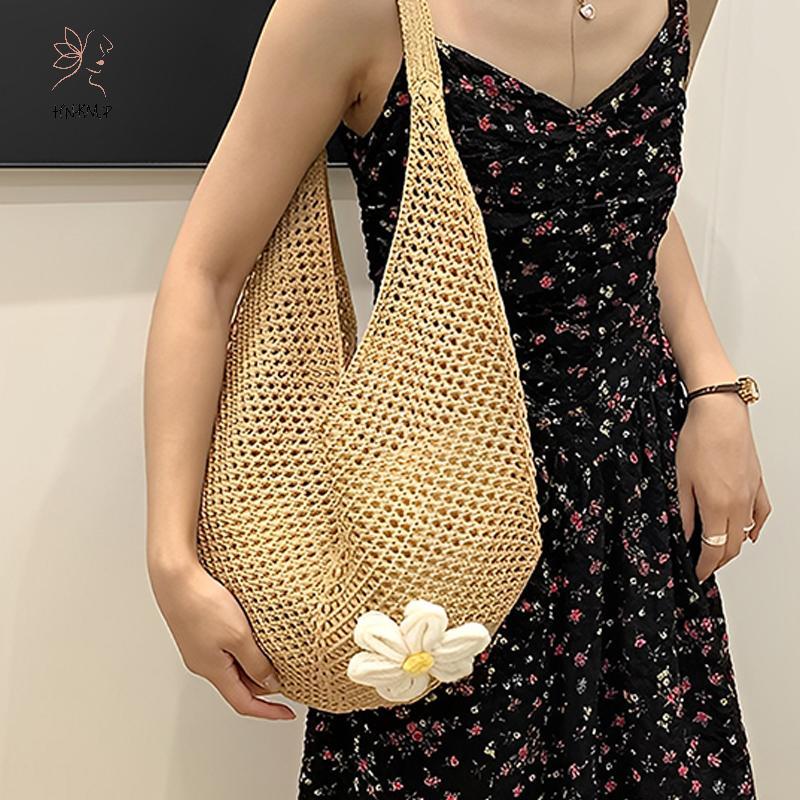 Túi bện nữ HNKMP Túi Tote đeo vai phong cách Hàn Quốc Phong cách lười biếng Túi đi biển hoa rỗng dệt kim.