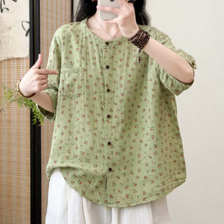 [Hàng có sẵn] Áo sơ mi nữ vải cotton dáng rộng in cỡ lớn xuyên biên giới ngoại thương Áo sơ mi cỡ lớn