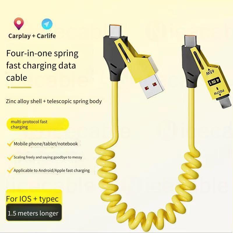 Cáp dữ liệu lò xo có thể thu vào 4 trong 1 65W Cáp dữ liệu sạc siêu nhanh USB / Type C sang Type C / IOS Cáp dữ liệu sạc cho điện thoại Máy tính bảng, máy tính xách tay