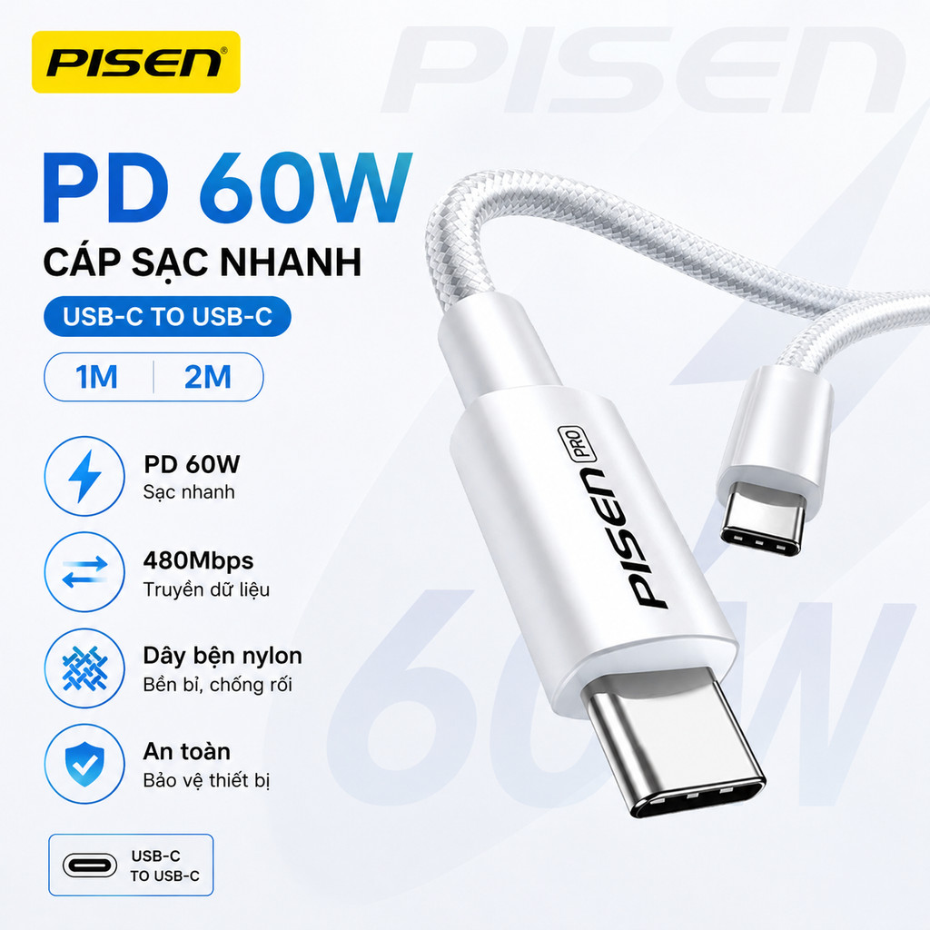 Cáp sạc nhanh PD 60W Pisen LH-CC-PD01 02 Type C to Type C, dài 1M / 2M | BigBuy360 - bigbuy360.vn