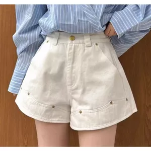 Quần short Denim cạp cao mùa hè dành cho nữ Phiên bản chữ A một nút Quần ống rộng Thiết kế đinh tán Quần ống rộng màu trắng