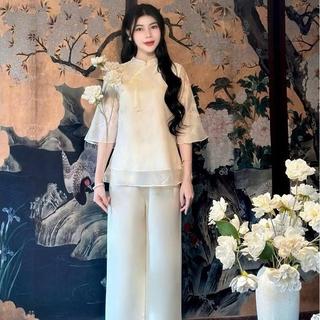 Set Lam Diện Tết Lễ Phật Ngày Đầu Năm Chất Tơ Voan Thêu 2 Lớp Đính Ngọc Phối Nơ Nhí Ld_Store Fashion