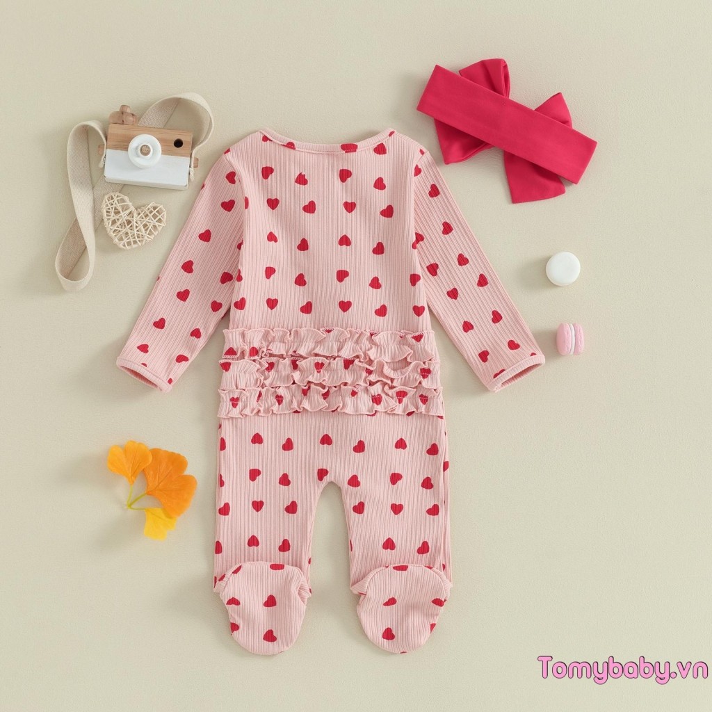 Trẻ Sơ Sinh Bé Gái Ngày Lễ Tình Nhân Áo liền quần Tay Dài Xù In Hình Trái Tim Zip Up Romper Có Nơ Băng Đô