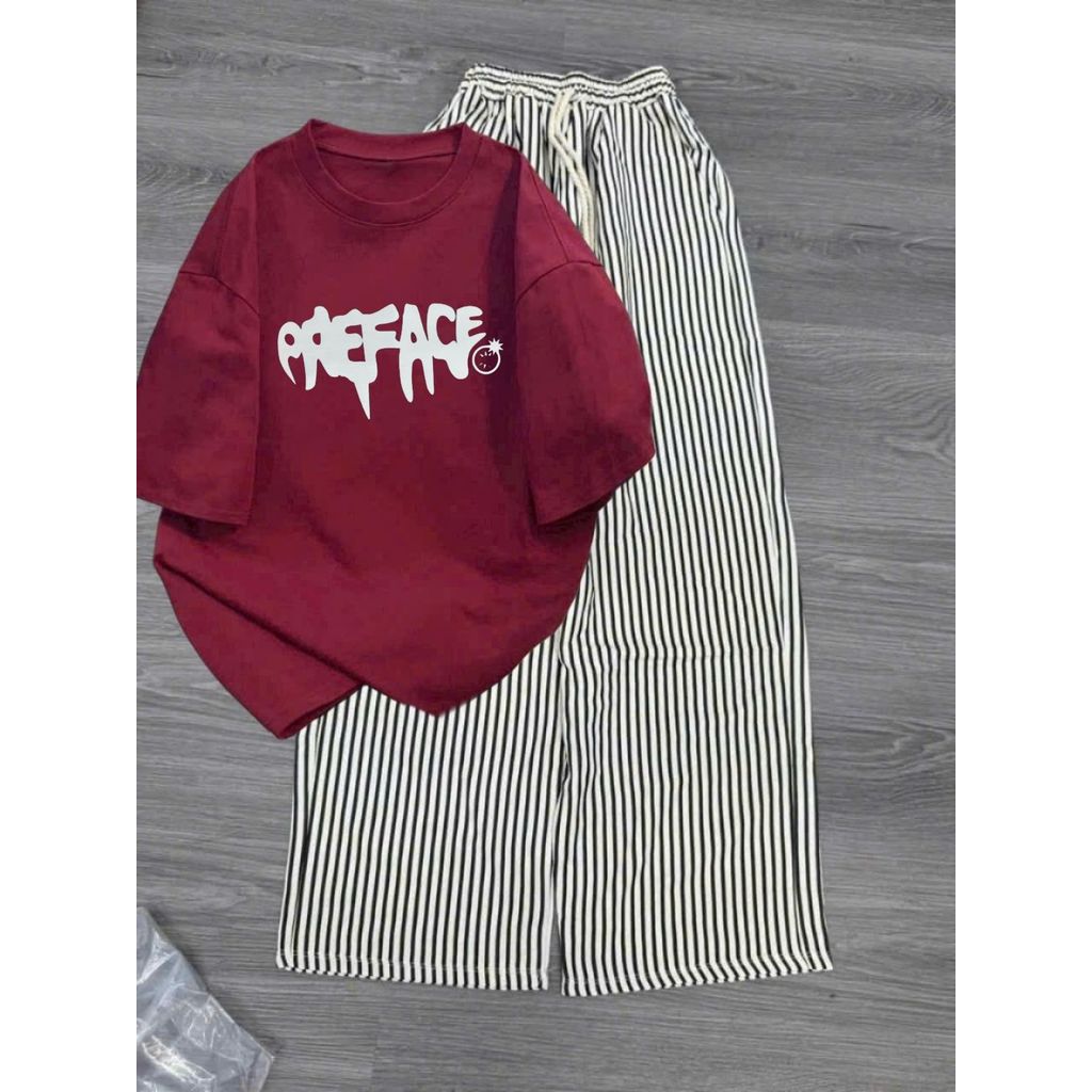 Bộ quần ống rộng kẻ sọc Chất Đũi Xốp+ và áo phông cotton dày dặn-3 ngôi sao