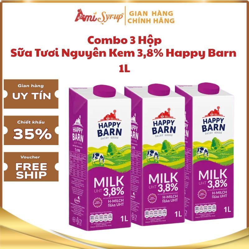 [Combo Giá Sỉ] Sữa Tươi Nguyên Kem 3,8% Happy Barn Hộp 1L Không Đường Hương Vị Tự Nhiên Dinh Dưỡng