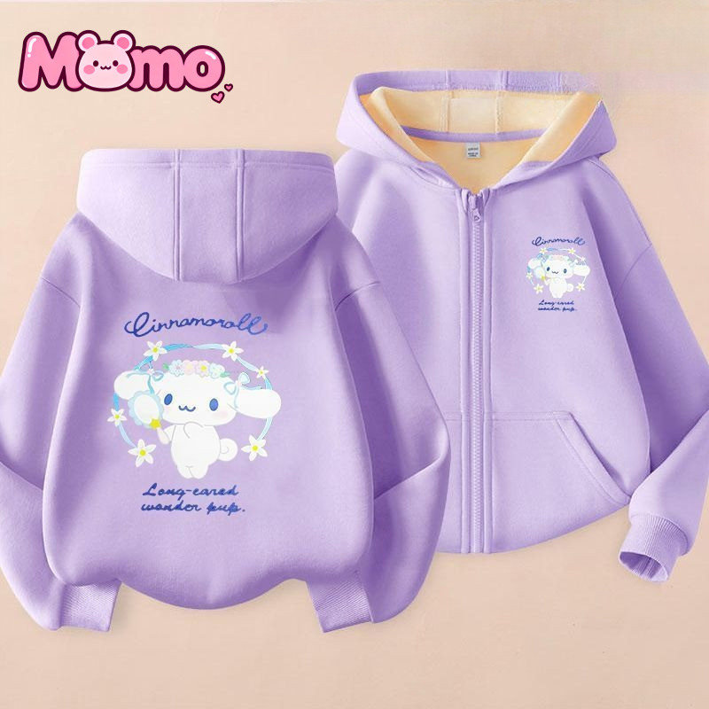 Giai Điệu Mới, Cinnamoroll Họa Tiết In Hình Dây Kéo Áo hoodie Cho Bé Trai Và Bé Gái Cùng Phong Cách Bông Tai Kẹp Giải Trí Lót Lông Cừu Ấm Áp Có Mũ Trùm Đầu Dài Tay