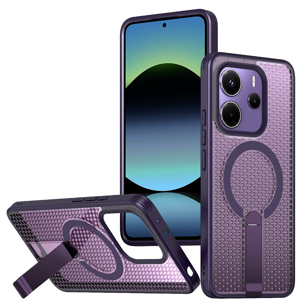Ốp điện thoại có giá đỡ thẳng đứng bằng kim loại có kết cấu tản nhiệt 3D cho Redmi Note 14 13 12R PRO PROPLUS A5 14C 13X 13 12 Turbo4 4G 5G Vỏ từ tính