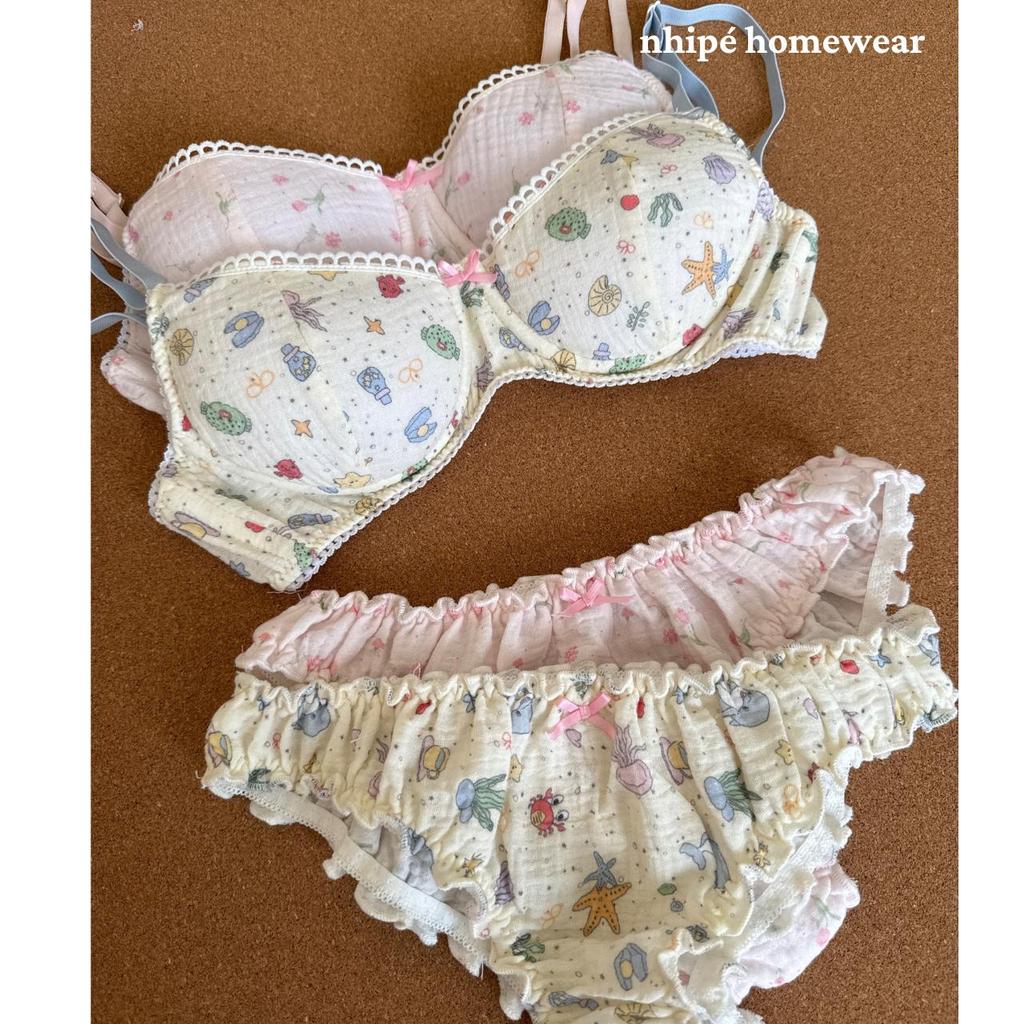 Set bộ đồ lót xô Muslin nhipé homewear họa tiết hoa dễ thương phối ren, có gọng mút tháo lắp mút, chât mềm mịn thoáng