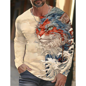 Áo thun nam dài tay in 3D Ukiyoe Wave Cat | Phong cách mùa thu 2025
