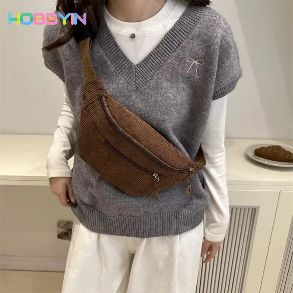 HOBBYIN Túi đeo thắt lưng HOBBYIN, Túi đeo chéo dung tích lớn chống trộm, Túi đeo ngực vải nhung màu nâu giải trí dành cho nữ
