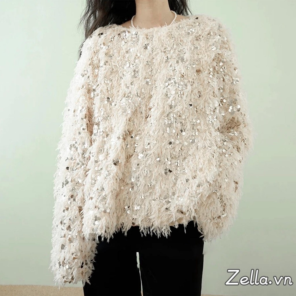 Áo len nữ sequin cổ tròn dài tay với chi tiết lông tua rua, phù hợp mùa đông và thu