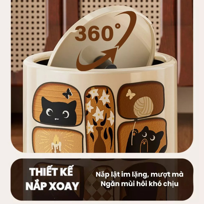 Thùng Rác Có Nắp Đậy – Họa Tiết Đáng Yêu Phong Cách Nhật Bản/Ukiyo-e, Chất Liệu Nhựa ABS Bền Đẹp DINO
