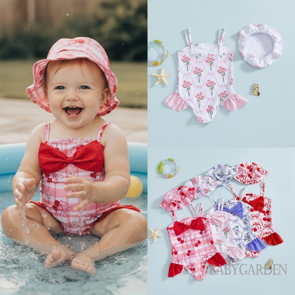 Bộ đồ bơi bé gái mới biết đi có mũ nơ hoa Spaghetti Dây đeo Bộ đồ tắm cho bể bơi đi biển