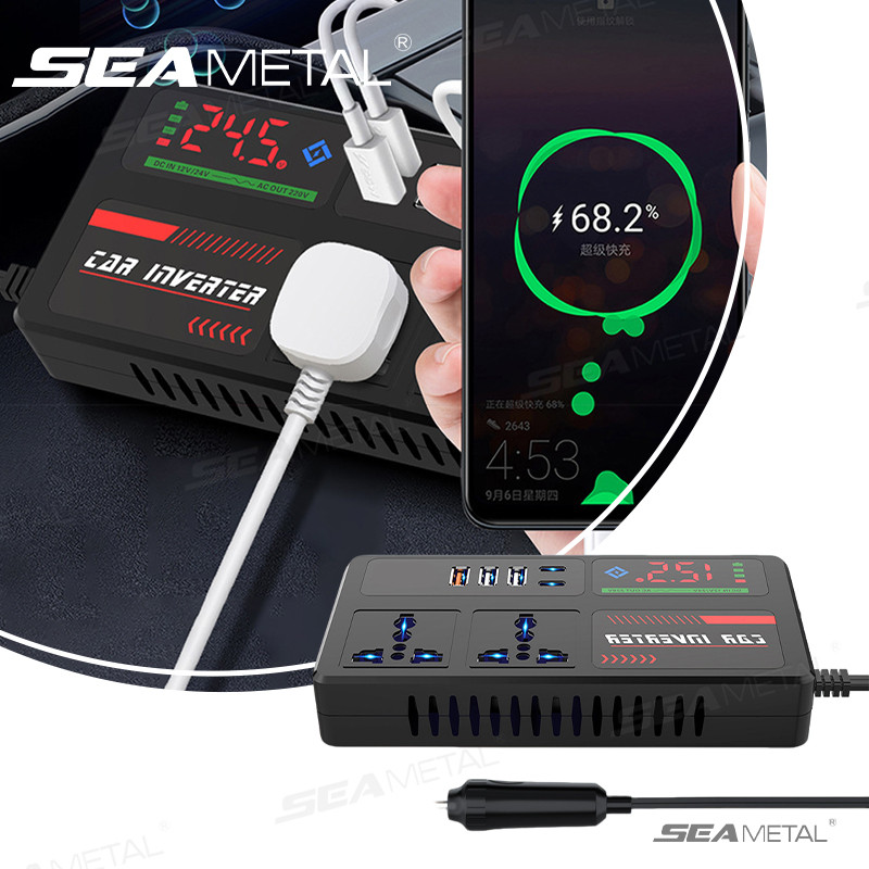 Bộ chuyển đổi ổ cắm ô tô di động SEAMETAL 12V / 24V sang 220V với 3 cổng USB Sạc nhanh Bộ sạc ô tô cho ô tô tự động, xe tải SUV RV