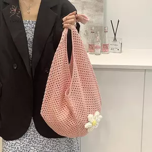 Túi bện nữ HNKMP Túi Tote đeo vai phong cách Hàn Quốc Phong cách lười biếng Túi đi biển hoa rỗng dệt kim.