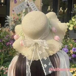 Mũ chống nắng ống hút nữ thoáng khí Phong cách trang trí Dây buộc ren hoa Tulip vành rộng Mũ đi biển