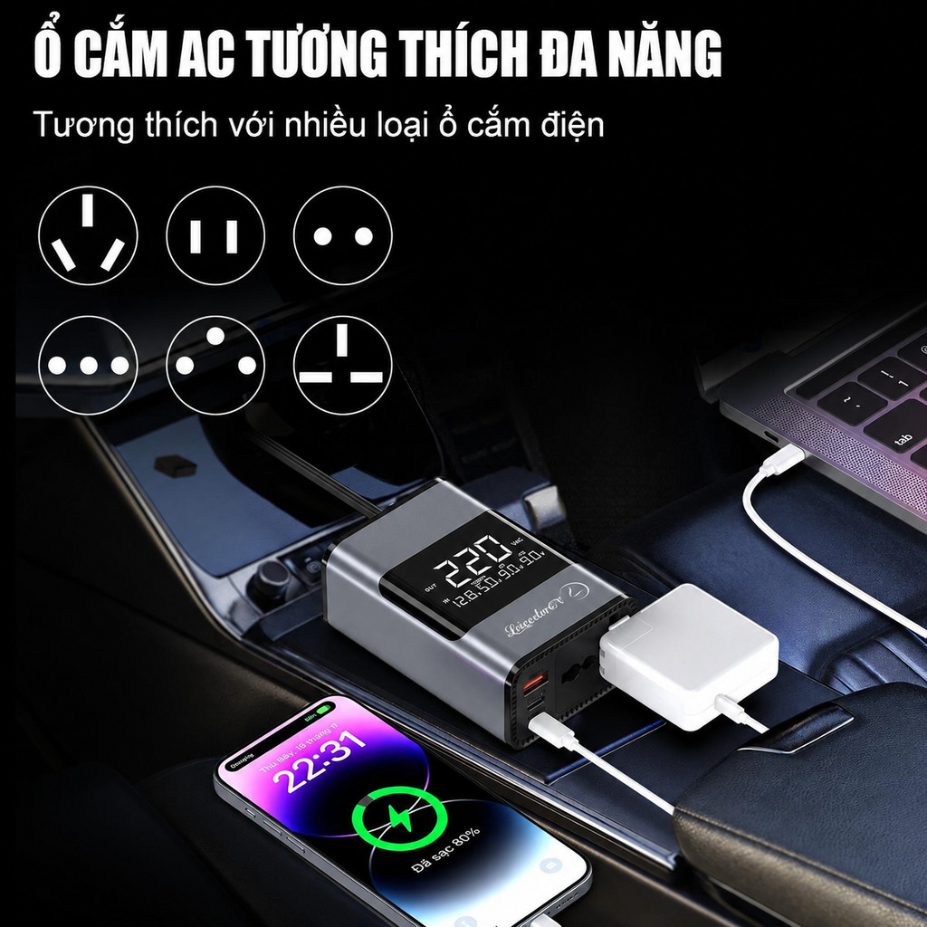 Bộ Sạc Ô Tô 200W USB Type-C Sạc Nhanh Laptop Điện Thoại Màn Hình LCD Bảo Hành 1 Năm