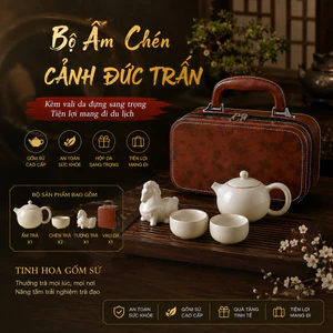 BỘ ẤM CHÉN PHA TRÀ SỨ CẢNH ĐỨC TRẤN KÈM VALI DA CAO CẤP