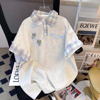 [Hàng mới về] Áo sơ mi POLO in hình hoạt hình dễ thương Áo thun ngắn tay mùa hè Phong cách Preppy Màu sắc tương phản Khâu ve áo