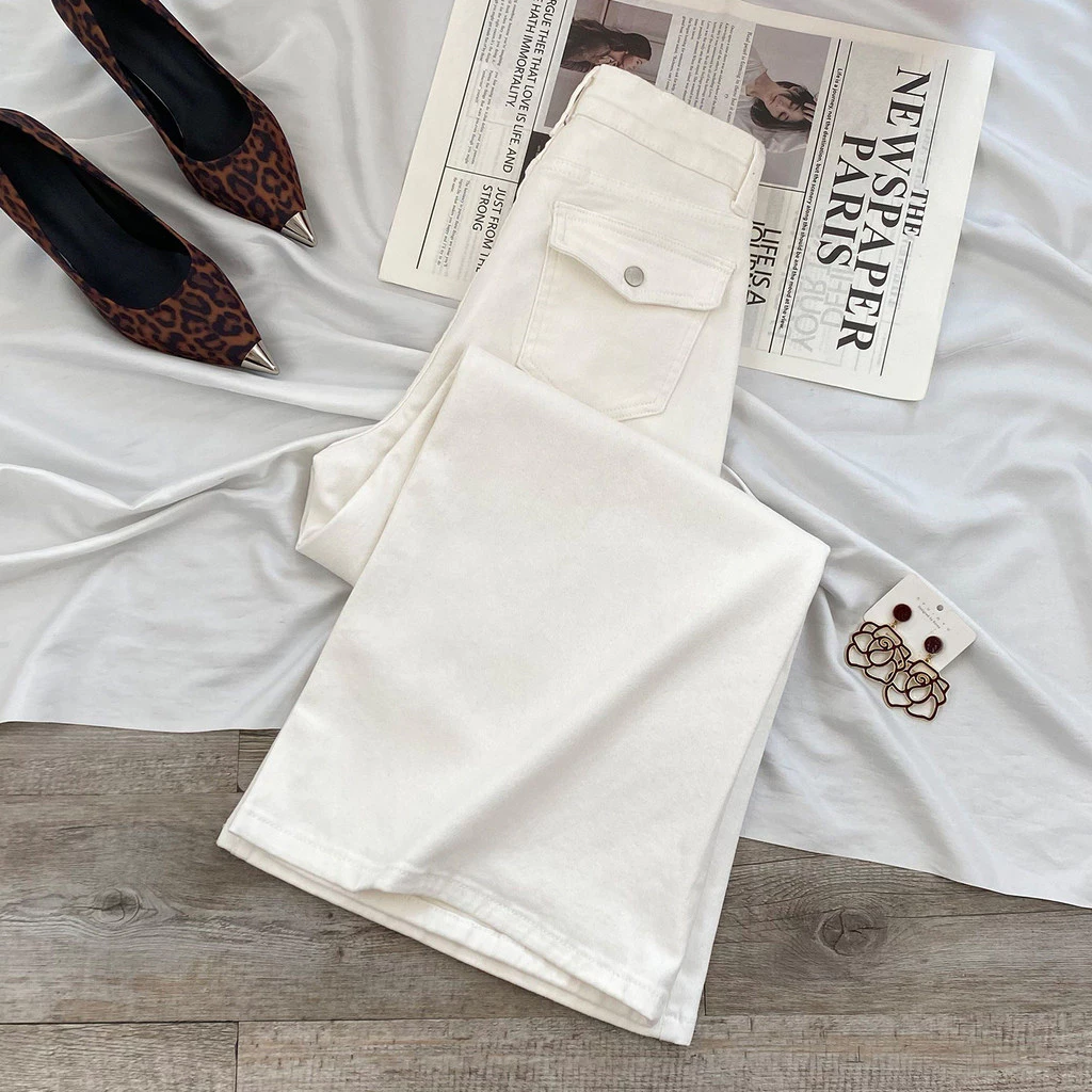 Trắng Thẳng Rộng Quần Jean Nữ Đầu Thu Phong Cách Mới Quần Cao Cấp Rời Sàn Nhỏ Culottes Quần loe