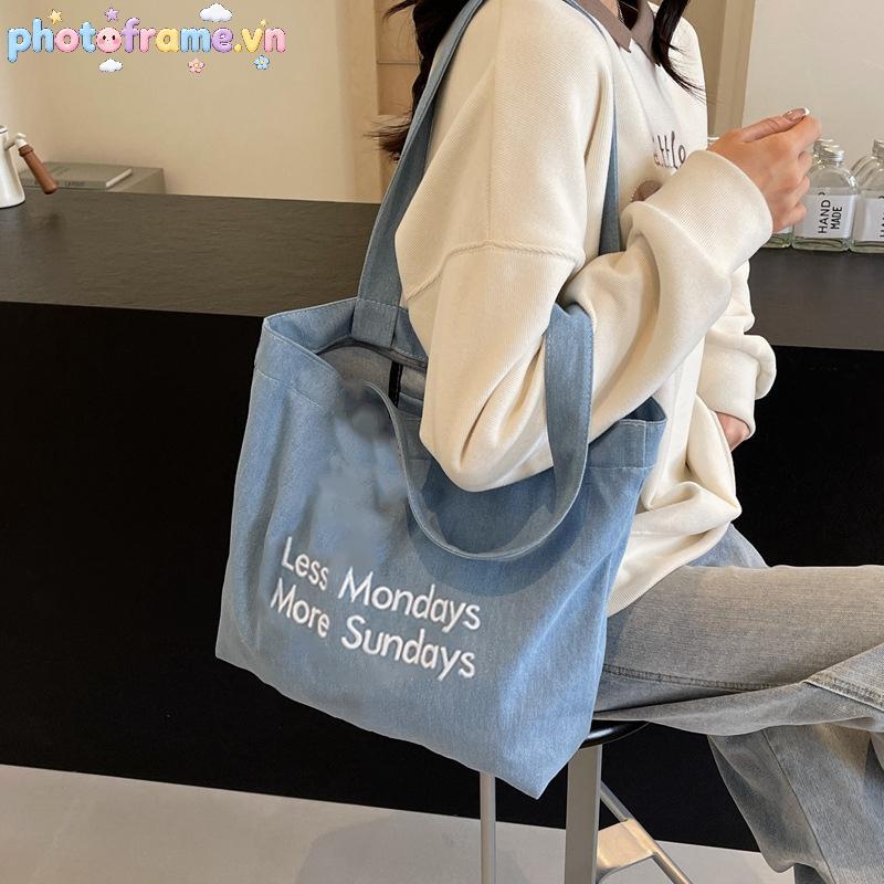 Khung ảnh Túi vải cổ điển Dung tích lớn Một vai Denim Túi Tote đeo vai đơn VN