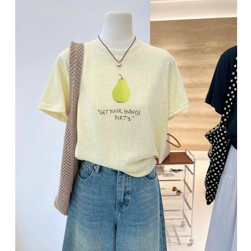 （Giao hàng 24h）Angela Áo thun nữ ngắn tay Vàng nhạt in hình dể thương Áo phông ngắn tay chất thun cotton mềm mát