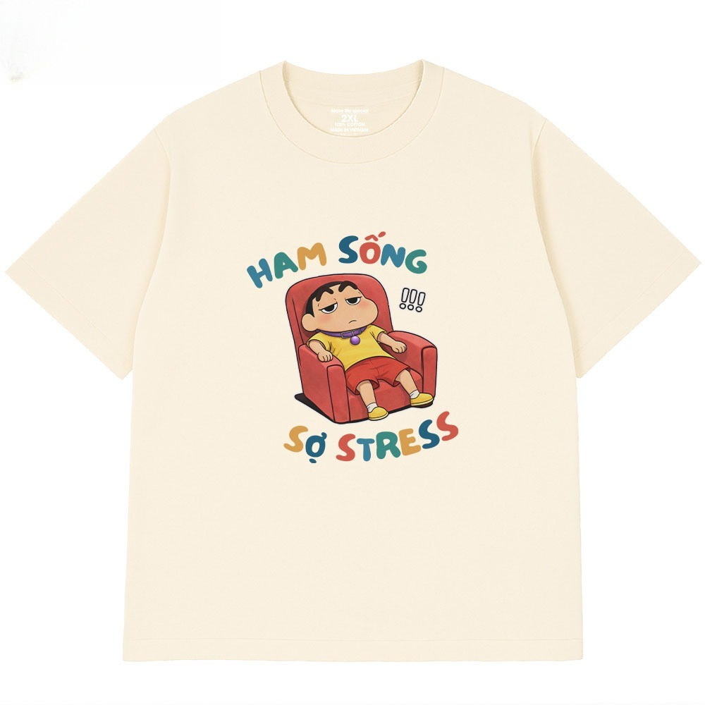 （Giao hàng 24h）Angela Áo Thun In Chữ Hài Hước Ham Sống Sợ Stress Câu Nói Văn Phòng Công Sở Form Rộng Cototn 230gsm