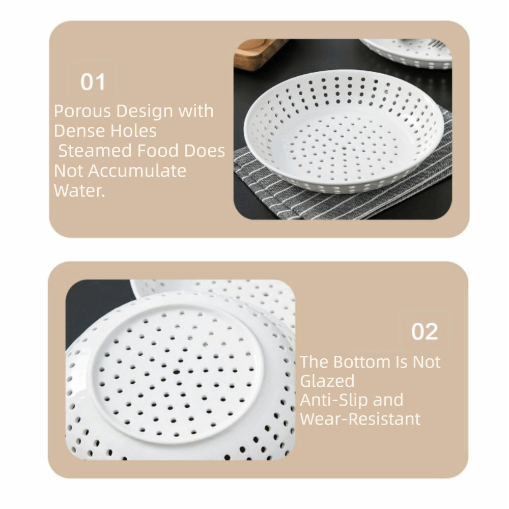 Tấm hấp đục lỗ bằng gốm DONOVANQQ, Khay hấp gốm hình tròn sáng tạo, Cấu trúc xốp chịu nhiệt độ cao màu trắng đa năng Đĩa thoát nước rỗng Sử dụng tại nhà