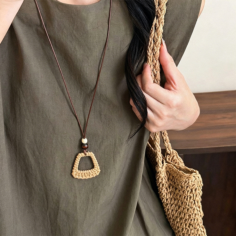Vòng cổ mặt dây chuyền Boho Mây, Vòng cổ quyến rũ mây tự nhiên dệt thủ công, Vòng cổ dài phong cách dân tộc nhẹ dành cho nữ