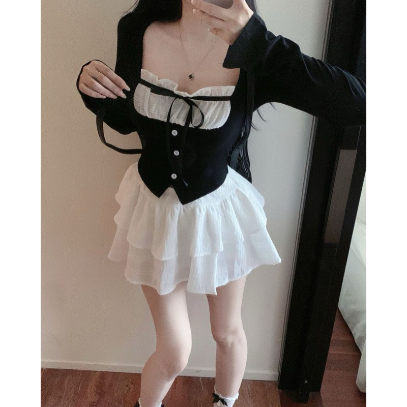 [ SB-150 ] Sét bộ 2 món áo babydoll thắt nơ phối chân váy lưng thun eo 58-75cm Free Size dưới 54kg hot top Kem Women
