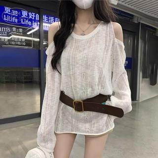 Áo thun dài tay thời trang rời vai, dệt kim, cổ tròn, có thắt lưng