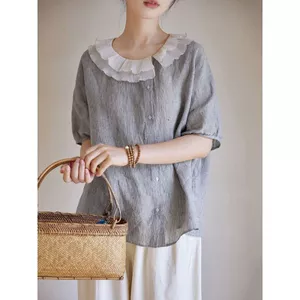 Cổ áo búp bê bằng vải lanh Cotton dáng rộng cỡ lớn nhuộm sợi hai lớp Áo sơ mi ngắn tay xếp ly hai lớp