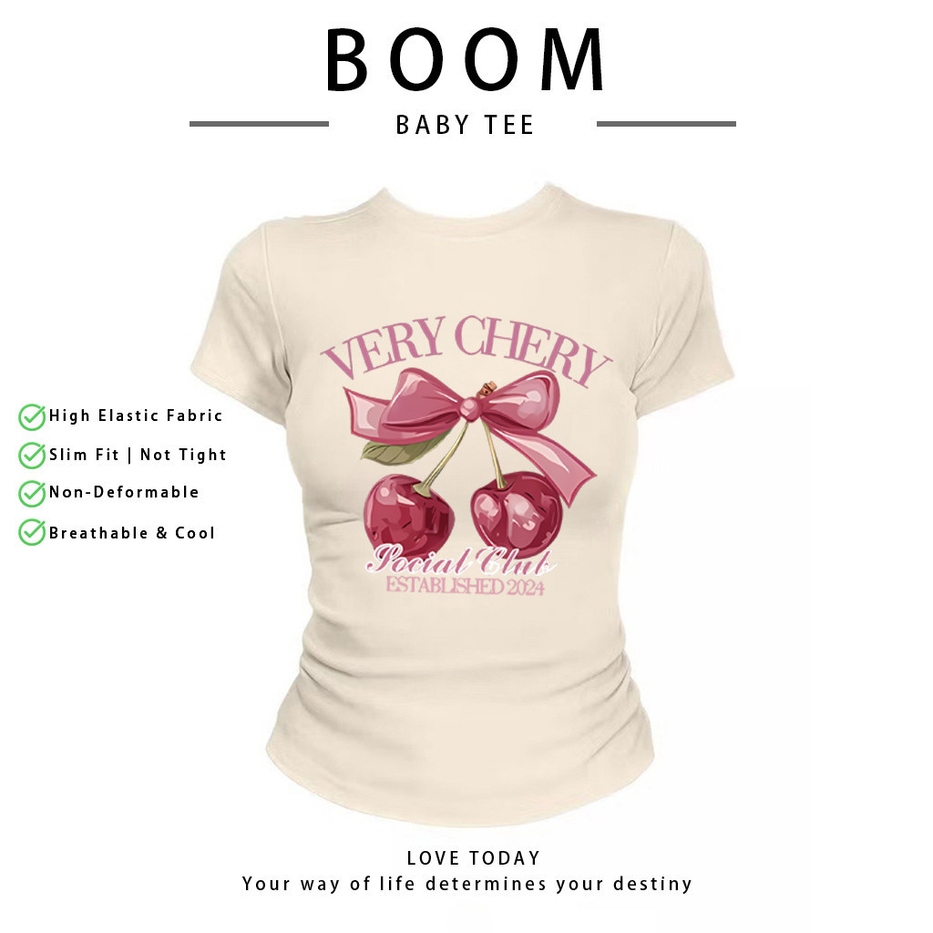 BOOM Áo Baby Tee Nữ Cotton Ôm Body-Áo Thun Ngắn Tay Y2K In Hình PhongCách Mùa Hè, Cổ Tròn Hàng Đầucách hàn quốc phongC39