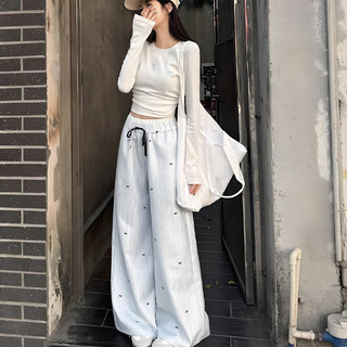 Quần ống rộng kẻ sọc in nơ dành cho nữ, quần cạp cao dáng suông mùa hè, quần casual.